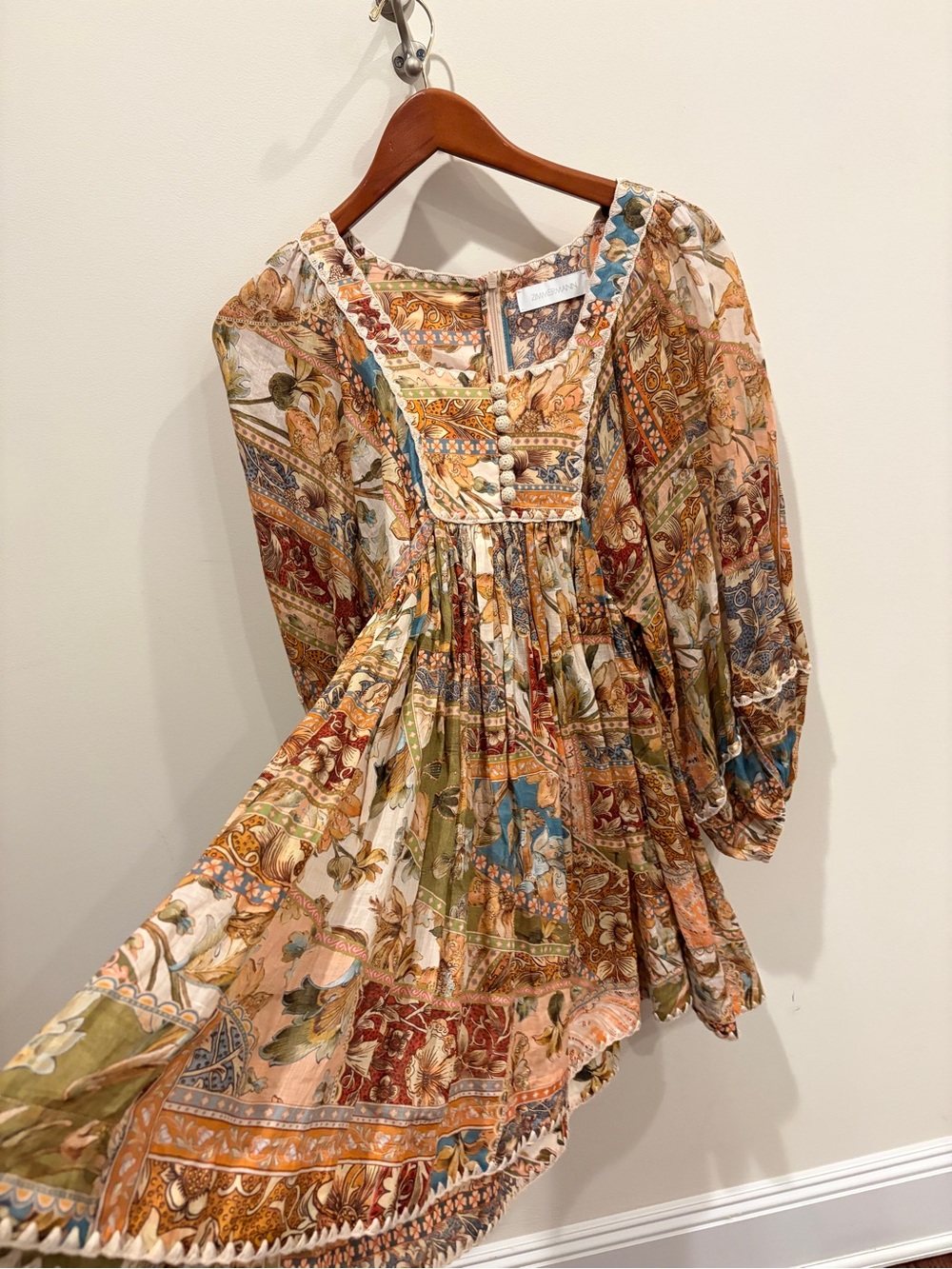 Zimmermann Multi-Color Floral Patchwork Long Sleeve Midi Dress